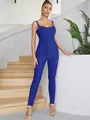 Full body shot of a royal blue bandage jumpsuit with sweetheart neckline and skinny legs. - S / Top And Bottom / Sapphire Blue