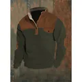 Men's waffle knit sweatshirt with button stand collar and contrast brown patches on shoulders. - 3XL / Tops / Olive Green