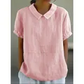 Detail view of pink cotton linen blouse with Peter Pan collar and casual puff sleeves - S / Tops / Pink