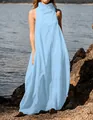 Detail view of women's light blue high-neck sleeveless cotton maxi dress outdoors. - S / Top And Bottom / Sky Blue