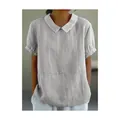 Camicetta in lino grigio da donna con elegante colletto Peter Pan bianco a contrasto - grigio-argento