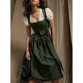 Detail view of a traditional green Oktoberfest Dirndl dress with white lace blouse - S / Top And Bottom / Dark Green