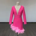 Detail of fuchsia bandage mini dress with deep V-neck, rhinestone trim and pink feathers - S / Top And Bottom / Rose Pink (With Waist Rhinestone Chain)