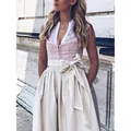Elegant German Oktoberfest Dirndl dress with pink floral bodice and beige bow skirt. - S / Top And Bottom / Pink