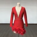 Red mini dress with deep V-neck, rhinestone detailing, and elegant feather hem trim. - S / Top And Bottom / Red (With Waist Rhinestone Chain)