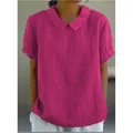 Women's magenta short sleeve cotton linen blouse with a charming Peter Pan collar - S / Tops / Burgundy