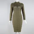 Close-up of olive green long sleeve bandage dress with gold rivets and mesh detail - S / Army Green
