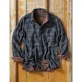 Detailed close-up view of retro plaid shirt featuring soft brown inner lining on wood - S / Tops / Dark Blue