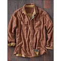 Full view of a vintage men's plaid shirt on a rustic dark wood background texture - S / Tops / Orange Red