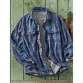 Close-up of men's vintage plaid shirt showing warm gray fleece lining and chest pocket details - S / Tops / Sapphire Blue