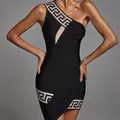 Sexy black one-shoulder bandage mini dress with Greek key jacquard pattern for parties - M / Tops / Black
