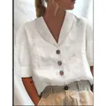 Detalle de camisa casual blanca de algodón y lino con cuello de solapa y mangas abullonadas - S / Tops / Blanco lechoso