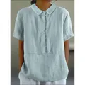 Close-up of women's mint green cotton linen top with Peter Pan collar and buttons - S / Tops / Azure Blue
