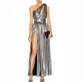 Elegantes silbernes Metallic-Maxikleid mit einer Schulter, hohem Schlitz und Gürtel - S / Kleider / Eissilber