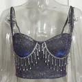 Detailed view of women's purple glittery camisole top featuring silver rhinestone tassels - XL / Tops / Purple