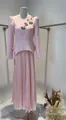 Elegant pink long-sleeved pleated maxi dress with intricate floral sequin embroidery detail - XS / Top And Bottom / Pink