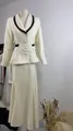 Detailed view of French style cream blazer and skirt suit with floral embroidery - XS / Top And Bottom / White