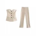 Chic cream two-piece set with strapless corset top and high-waist pants - XS / Top And Bottom / Champagne