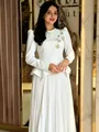 Elegant white long sleeve pleated dress with intricate gold floral embroidery detail - XS / Top And Bottom / White