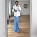 Elegant white blazer and light blue maxi skirt set featuring a blue 3D floral belt accessory - XS / Top And Bottom / Blue