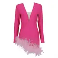 Elegant hot pink long sleeve bandage dress featuring deep V-neck and pink feather trim hem - Rose Red