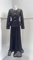 Elegant French style black tweed jacket with floral collar and pleated maxi skirt set - XS / Top And Bottom / Black