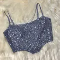 Silver sequined camisole crop top featuring elegant pearl chain straps on white faux fur - S / Tops / Gray