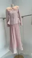 French style pink tweed jacket with floral lace collar and matching pleated maxi skirt - XS / Top And Bottom / Pink