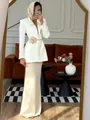 Elegant white blazer suit set with a large flower belt and a long beige satin skirt - XS / Top And Bottom / Apricot