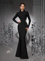 Elegant black long-sleeved bandage evening gown with side mesh and rhinestone details - XS / Tops / Black