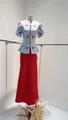 Detailed view of light blue floral puff sleeve top and long red skirt two-piece set - XS / Top And Bottom / Sky Blue