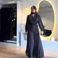 Elegant black pleated two-piece set featuring a beaded lapel and matching modest hijab - XS / Top And Bottom / Black