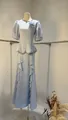 Detail of light blue elegant beaded peplum top and ruffle fishtail maxi dress gown - XS / Top And Bottom / Lake Blue