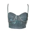 Detailed view of blue glitter bustier crop top with sparkling rhinestone fringe - S / Tops / Ice Blue