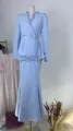 Elegant light blue long sleeve V-neck suit with pearl embroidery and peplum detail - XS / Top And Bottom / Skirt Version / Blue