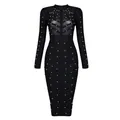 Elegant black long sleeve bandage dress with heavy stud details and sheer mesh panels. - S / Black