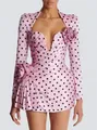 Pink polka dot mini dress with deep V-neck and 3D floral accents for elegant occasions - S / Tops / Pink