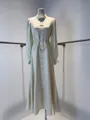 Elegant French style cream long-sleeved maxi dress featuring lace flowers and bows - XS / Tops / Apricot