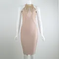 Elegant nude bandage dress featuring gold beading and a sheer mesh halter neckline detail - XS / Khaki Apricot Pink