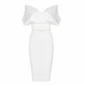 Elegant off-the-shoulder white bodycon dress with matching waist belt. - M / Bodycon Evening Dress (BK142) / White