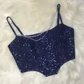 Detailed view of navy sequined crop top with pearl and chain strap detail - XL / Tops / Sapphire Blue