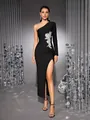 Full view of elegant black one-shoulder dress with crystal floral detail and high slit. - XS / Top And Bottom / Black