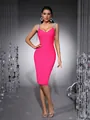 Luxurious fuchsia bandage bodycon dress with heavy rhinestone tassel chain straps - S / Top And Bottom / Rose Red