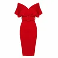 Elegant bright red off-shoulder bodycon dress with a matching waist belt for parties - S / Bodycon Evening Dress (BK142) / Red