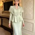 Elegant light green V-neck lace peplum set with floral embroidery and shawl collar - XS / Top And Bottom / Matcha Green