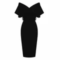 Elegant black off-the-shoulder midi dress with waist belt for formal occasions - S / Bodycon Evening Dress (BK142) / Black