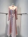 Elegant pink French lace dress with long mesh sleeves and floral embroidery detail. - XS / Tops / Pink