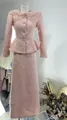 Elegant pink tweed two-piece suit with lace collar and 3D floral appliques - XS / Top And Bottom / Pink