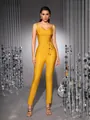 Premium yellow V-neck bandage jumpsuit featuring a waist tie and slim fit design - S / Top And Bottom / Mustard Yellow
