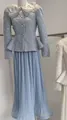 Elegant light blue French style set with floral lace collar and pleated maxi skirt - XS / Top And Bottom / Blue